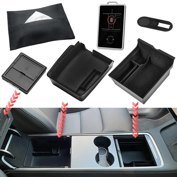 (6 Pack) Upgraded Center Console Organizer Tray Compatible | Tesla Model 3 Model Y 2023 2022 2021 | Refreshed Armrest Hidden Drawer Storage Box 1PC Webcam Cover 1PC Tissue Holder