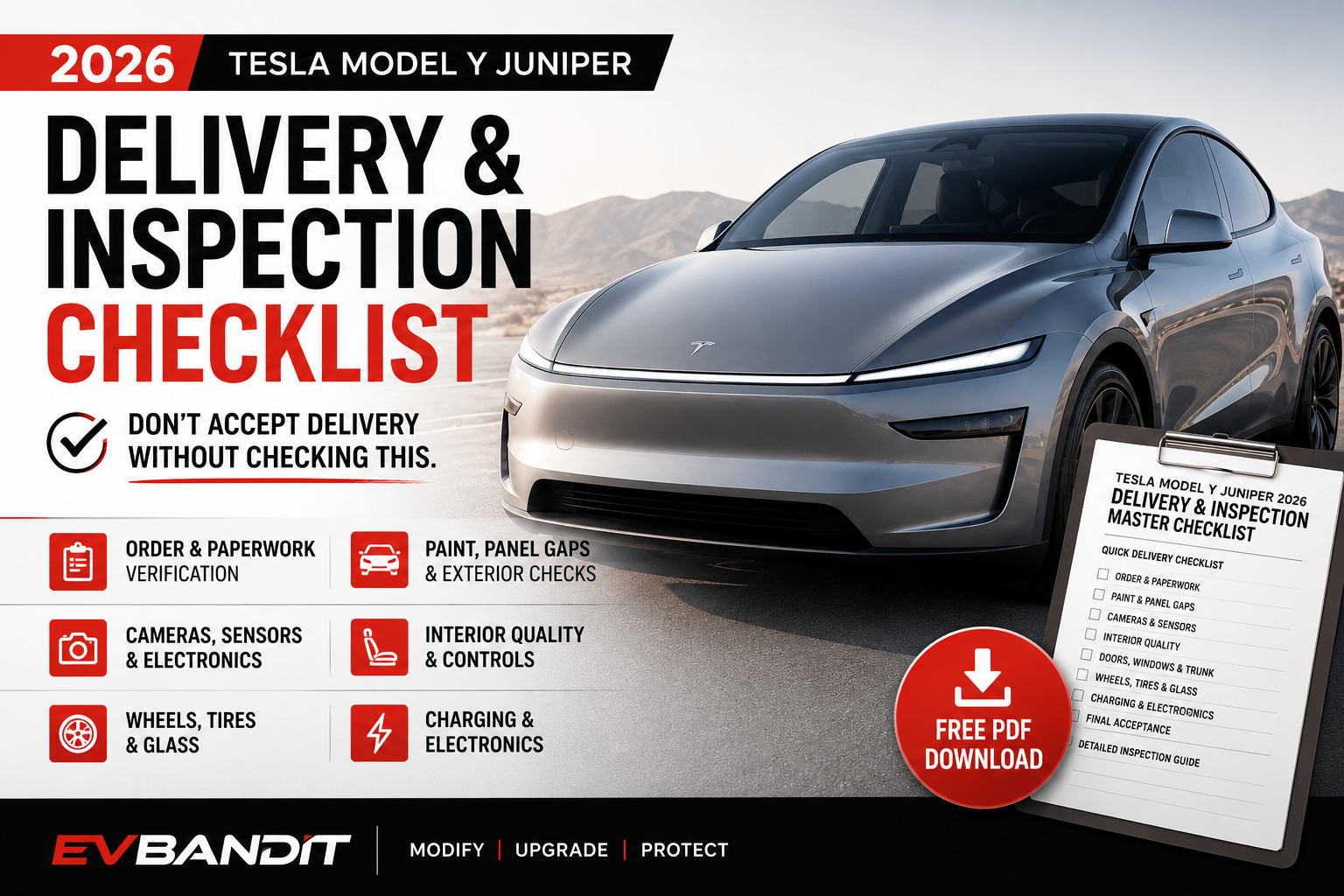 Free 2026 Tesla Model Y Juniper Delivery & Inspection Checklist PDF | EV Bandit