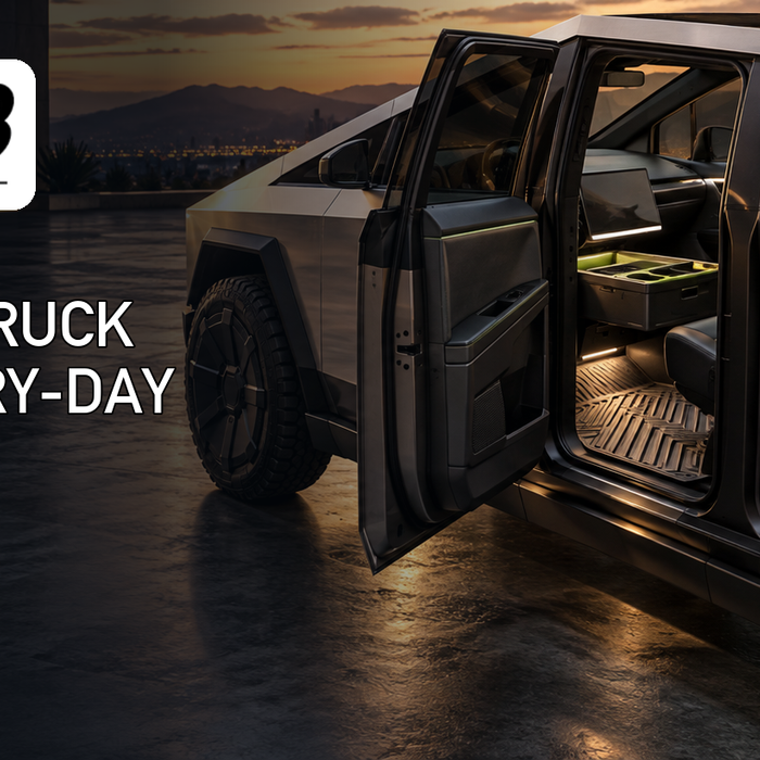 EV Bandit Cybertruck delivery-day interior setup guide with floor mats, console storage, tailgate protection, and rear-seat cover