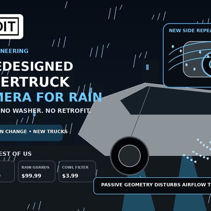 EV Bandit Cybertruck wet weather guide showing redesigned side camera housing and rain accessories