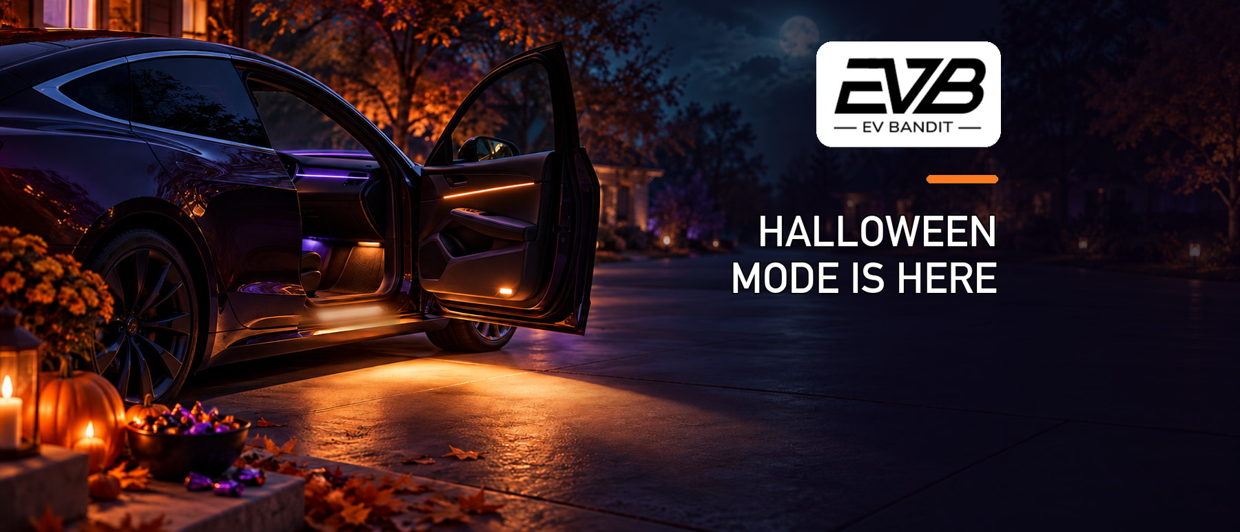 EV Bandit Halloween Mode guide with illuminated Tesla door sills and trick-or-treat doorway lighting