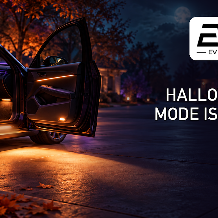 EV Bandit Halloween Mode guide with illuminated Tesla door sills and trick-or-treat doorway lighting
