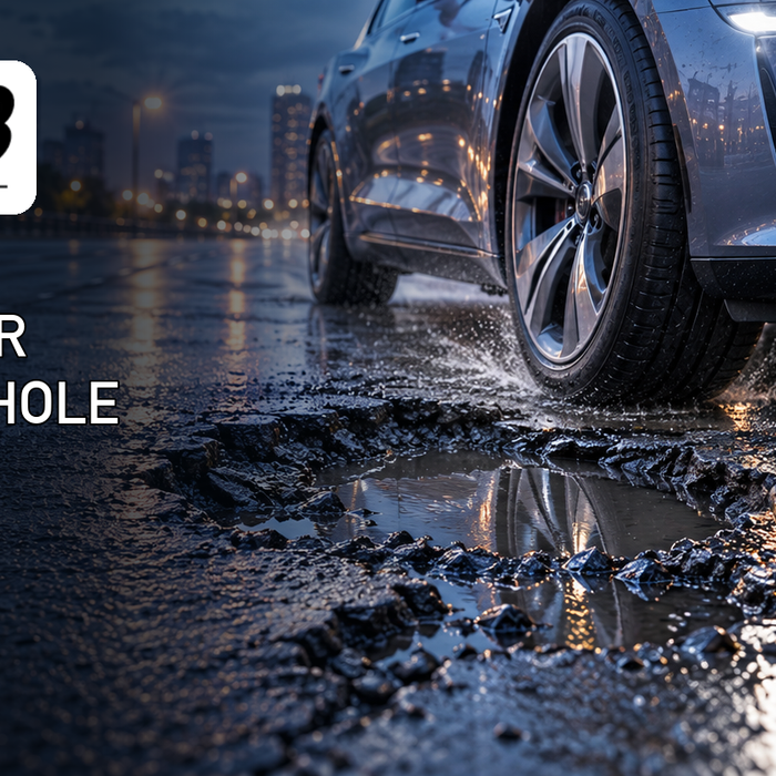 EV Bandit pothole-readiness guide showing wheel and tire protection, roadside repair gear, and tire-pressure sensors