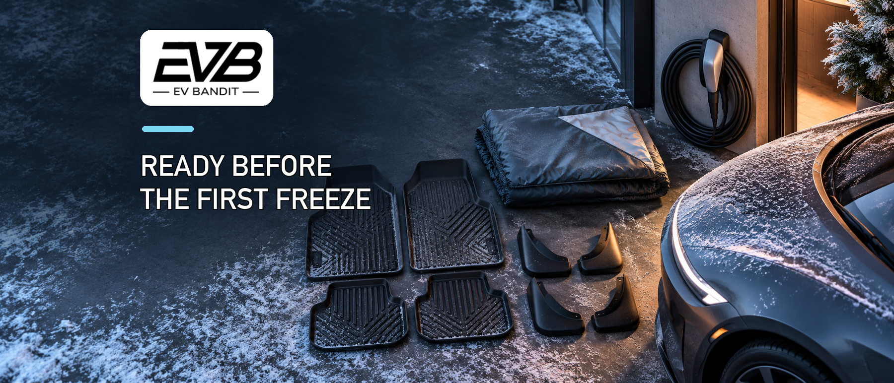 EV Bandit first-freeze preparation guide with a charge cable organizer, winter cover, floor mats, and splash guards