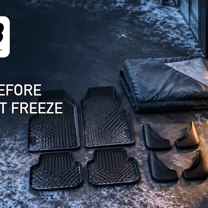 EV Bandit first-freeze preparation guide with a charge cable organizer, winter cover, floor mats, and splash guards