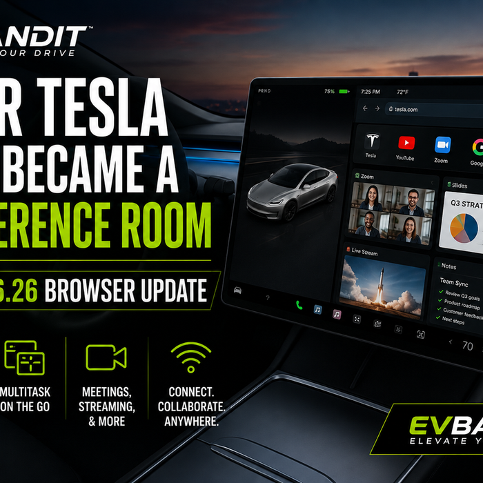EV Bandit Tesla 2026.26 browser update showing in-car video meetings and conference room setup
