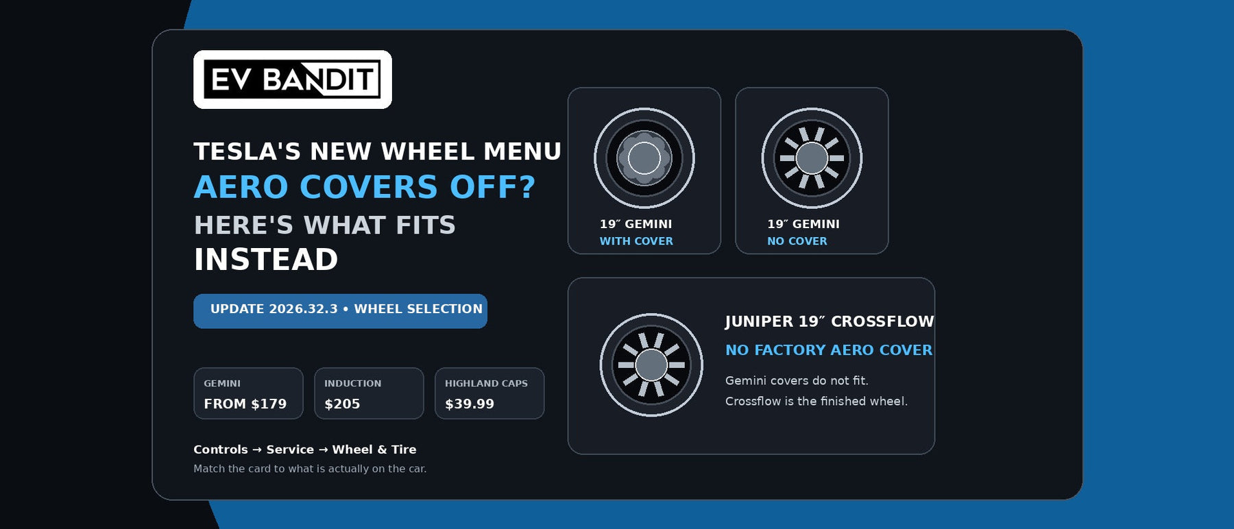 Tesla 2026.32.3 wheel selection menu guide showing Gemini with and without aero covers and Juniper Crossflow no-cover fitment