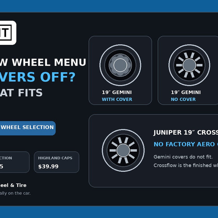 Tesla 2026.32.3 wheel selection menu guide showing Gemini with and without aero covers and Juniper Crossflow no-cover fitment