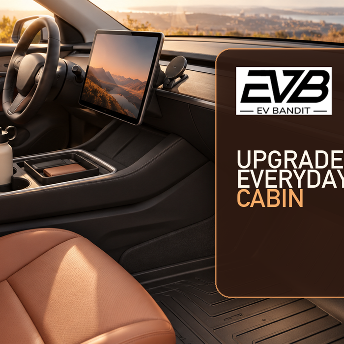 EV Bandit guide to practical Model Y cabin upgrades including floor liners, screen protection, phone mounting, and console storage