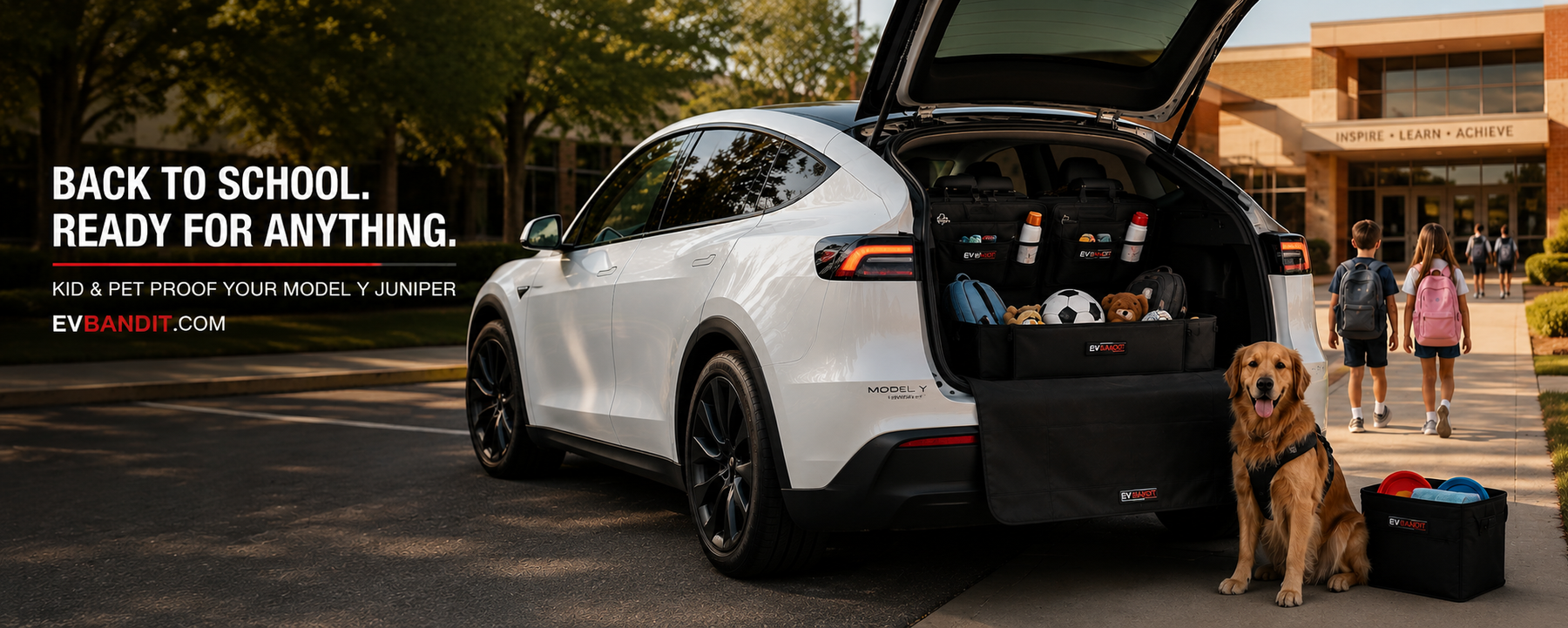 Tesla Model Y interior kitted out for back-to-school 2026 with anti-kick mats, trunk organizers, seat covers and all-weather floor liners