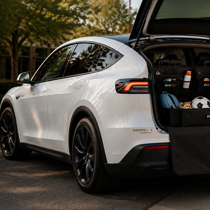 Tesla Model Y interior kitted out for back-to-school 2026 with anti-kick mats, trunk organizers, seat covers and all-weather floor liners