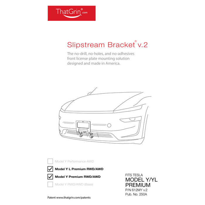 Slipstream Bracket® v.2 by ThatGrin | No-Drill Front License Plate Mount for 2026+ Tesla Model Y Premium & Model Y L Premium