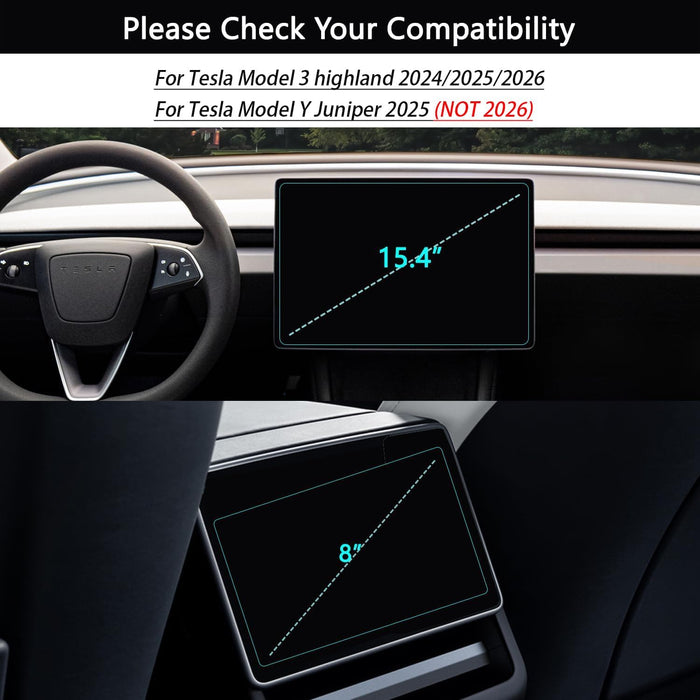 Tesla Model Y Juniper 2025-2026 & Model 3 Highland 2024-2025+ Matte Screen Protector – 2-Pack 15.4” Front & Rear 9H+ Tempered Glass, 16” Front Screen Protector Only, Anti-Glare & Fingerprint Dashboard Display Cover