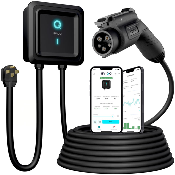 Electric vehicle charging cable set with EVICO control box and smartphone displaying app interface.