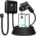 Electric vehicle charging cable set with EVICO control box and smartphone displaying app interface.
