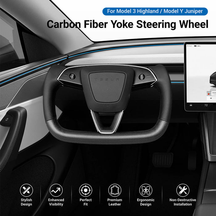 EV Bandit Carbon Fiber Heated Yoke Steering Wheel for Tesla Model 3 Highland & Model Y Juniper
