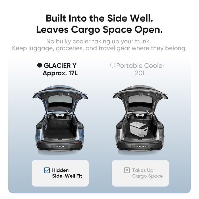 Side well fridge keeps the Model Y trunk floor open vs a portable cooler