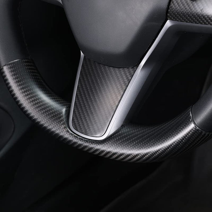 Real Carbon Fiber Steering Wheel Embedded Cover for Tesla Model 3/Y (2017-2023) | Matte Black 2PCS Panel Caps for Top & Bottom of Steering Wheel