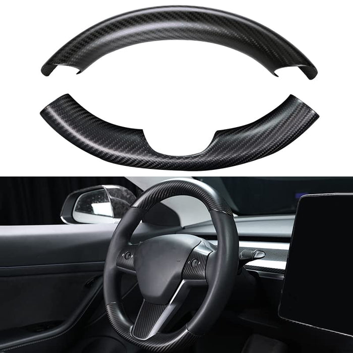 Real Carbon Fiber Steering Wheel Embedded Cover for Tesla Model 3/Y (2017-2023) | Matte Black 2PCS Panel Caps for Top & Bottom of Steering Wheel