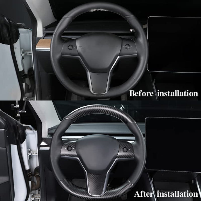 Real Carbon Fiber Steering Wheel Embedded Cover for Tesla Model 3/Y (2017-2023) | Matte Black 2PCS Panel Caps for Top & Bottom of Steering Wheel