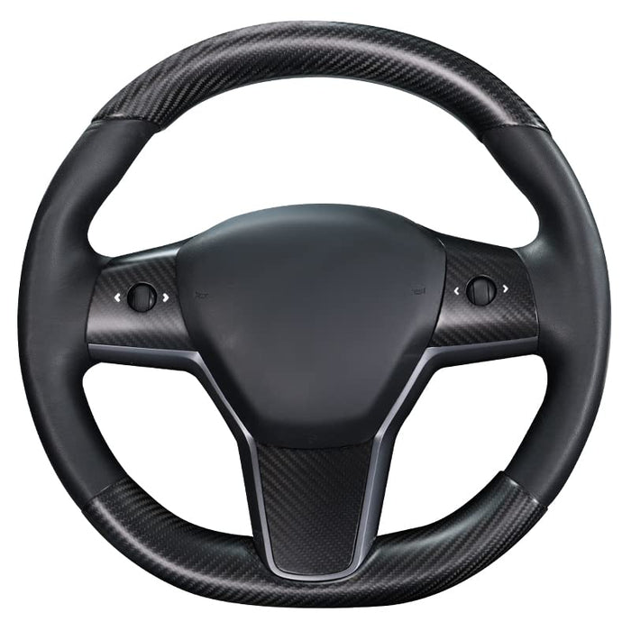 Real Carbon Fiber Steering Wheel Embedded Cover for Tesla Model 3/Y (2017-2023) | Matte Black 2PCS Panel Caps for Top & Bottom of Steering Wheel