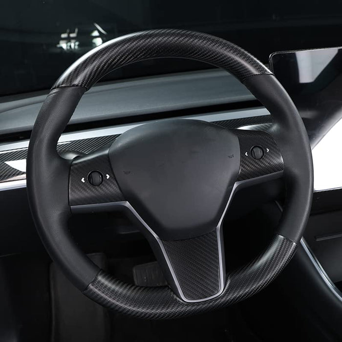 Real Carbon Fiber Steering Wheel Embedded Cover for Tesla Model 3/Y (2017-2023) | Matte Black 2PCS Panel Caps for Top & Bottom of Steering Wheel