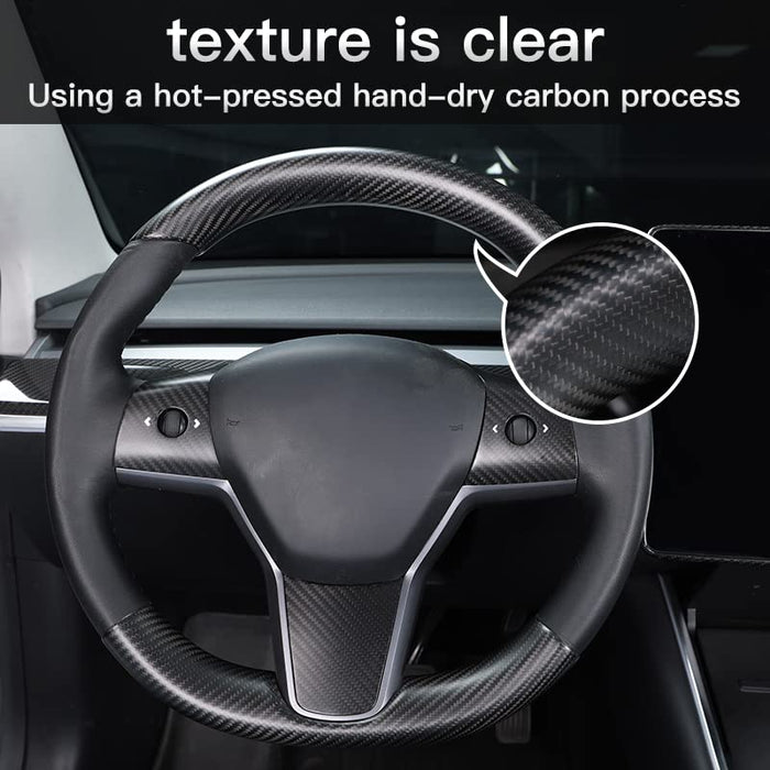 Real Carbon Fiber Steering Wheel Embedded Cover for Tesla Model 3/Y (2017-2023) | Matte Black 2PCS Panel Caps for Top & Bottom of Steering Wheel