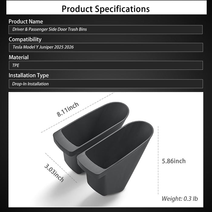 Tesla Model Y Juniper 2025-2026 Door Trash Can Set | 2-Pack Front Door Storage Bins for Driver & Passenger | Interior Garbage Organizer Accessory