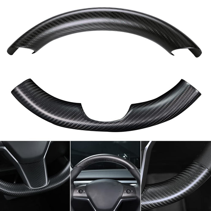 Real Carbon Fiber Steering Wheel Embedded Cover for Tesla Model 3/Y (2017-2023) | Matte Black 2PCS Panel Caps for Top & Bottom of Steering Wheel