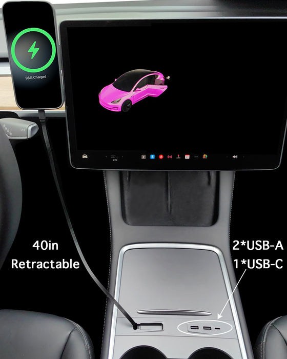 Tesla Model Y (2019-2024) & Model 3 (2021-2023) Center Console USB Hub - Cable Organizer & Charging Holder [Not Compatible w/ 2024+ Model 3]