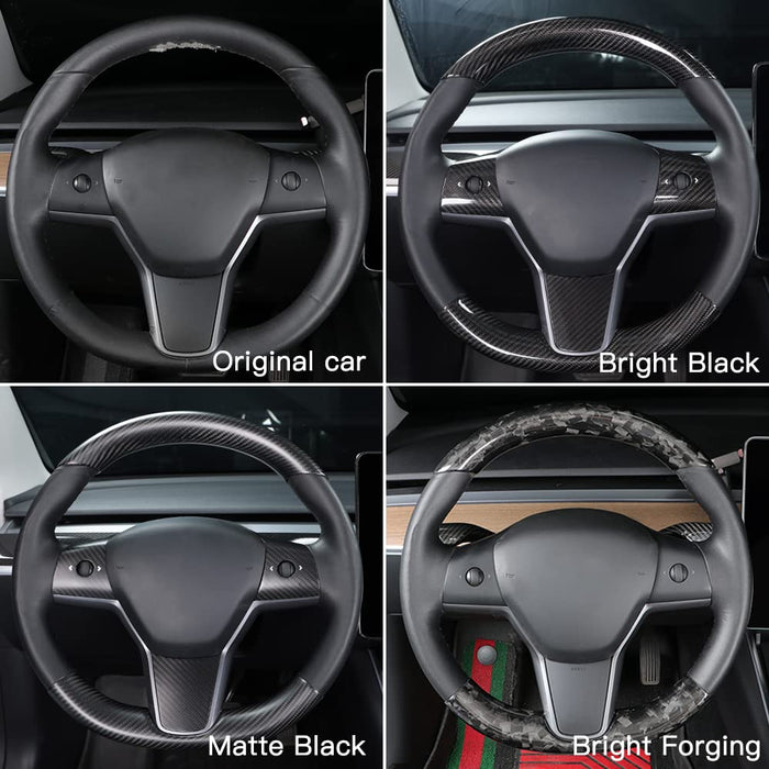 Real Carbon Fiber Steering Wheel Embedded Cover for Tesla Model 3/Y (2017-2023) | Matte Black 2PCS Panel Caps for Top & Bottom of Steering Wheel