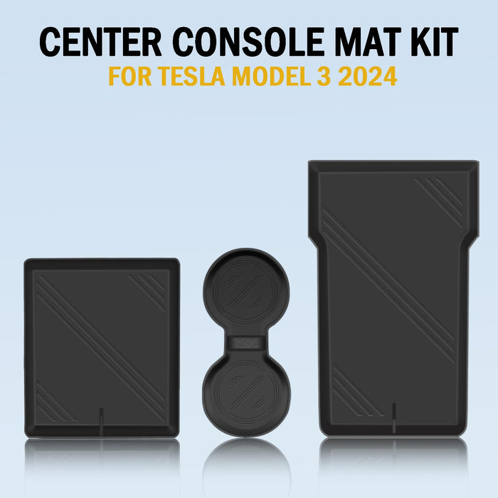 Tesla Model 3 Highland | S/X Console Mat Set - Non-Slip Silicone Cup Coaster, Upper & Lower Organizer Mats, Armrest Pad (4PCS, Black) 2022-2025