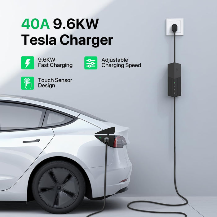 PRIMECOM 40 Amp charger charging a Tesla at 9.6kW with adjustable speed touch sensor