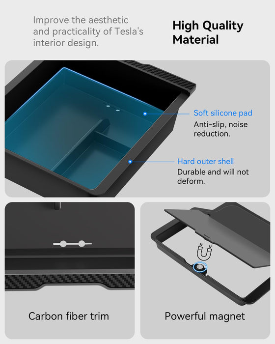 Center Console Organizer Set for Tesla Model Y Juniper 2025-2026 | Tesla Model 3 Highland 2024-2026 | Smooth Sliding Wear-Resistant Storage Tray Set | Easy-Clean Interior Accessory | 4PCS Black