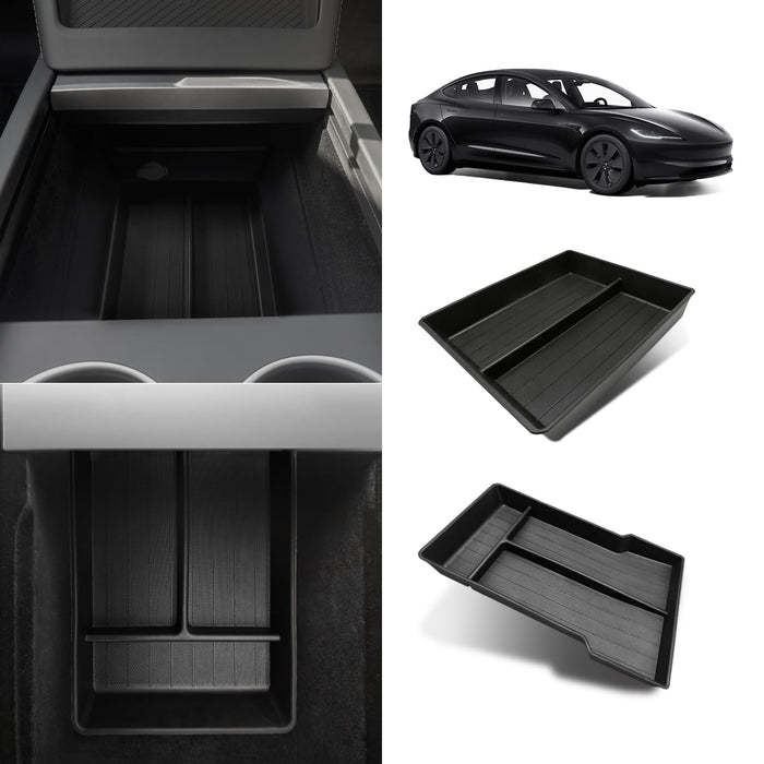 Tesla Model 3 Highland Center Console Organizer | Anti-Slip TPE Armrest Storage Box, Front Console Tray (Black) 2024-2025