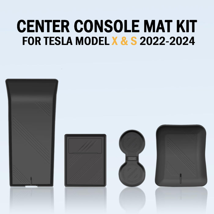 Tesla Model 3 Highland | S/X Console Mat Set - Non-Slip Silicone Cup Coaster, Upper & Lower Organizer Mats, Armrest Pad (4PCS, Black) 2022-2025