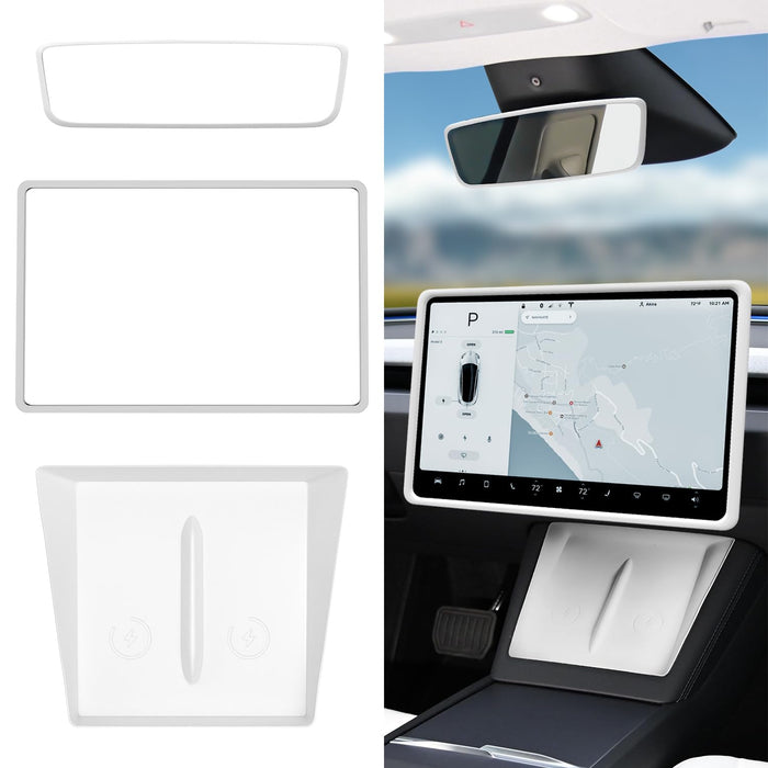 Tesla Model 3 Highland 2024-2025 Center Console Wireless Charger, Screen & Mirror Protector Set (3PCS, White)