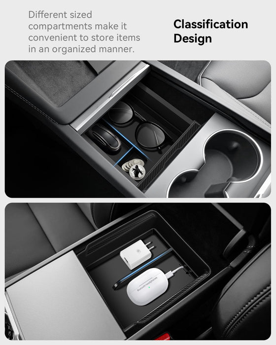 Center Console Organizer Set for Tesla Model Y Juniper 2025-2026 | Tesla Model 3 Highland 2024-2026 | Smooth Sliding Wear-Resistant Storage Tray Set | Easy-Clean Interior Accessory | 4PCS Black