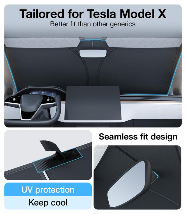 Tesla Model X 2016-2025 Windshield Sunshade - Ice Shield Tech, 100% Sun Blockage, Foldable with Storage Bag