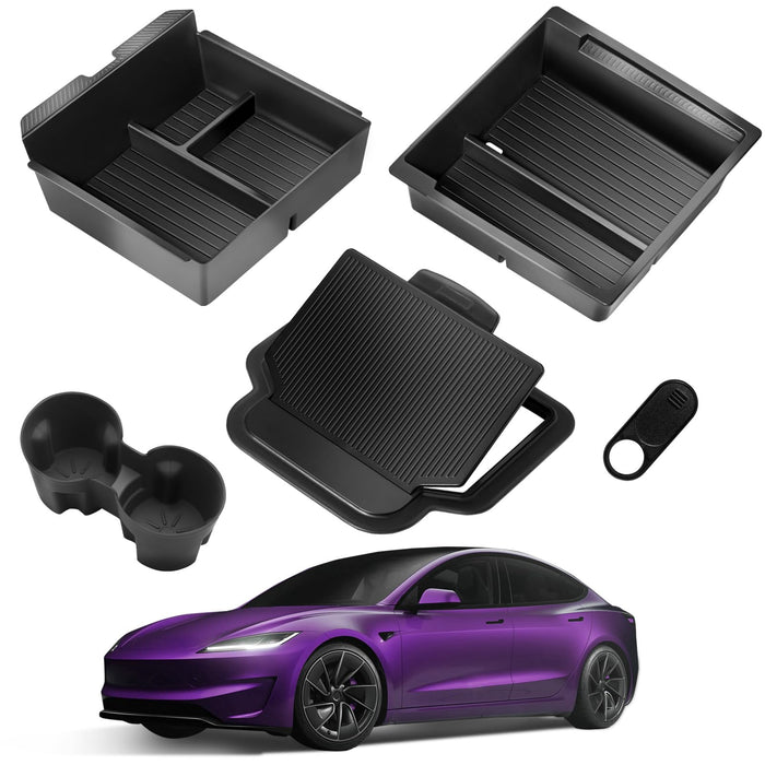 Tesla Model 3 Highland 2024-2025 Center Console Organizer Tray - Hidden Armrest Box & Cup Holder, Matte Black