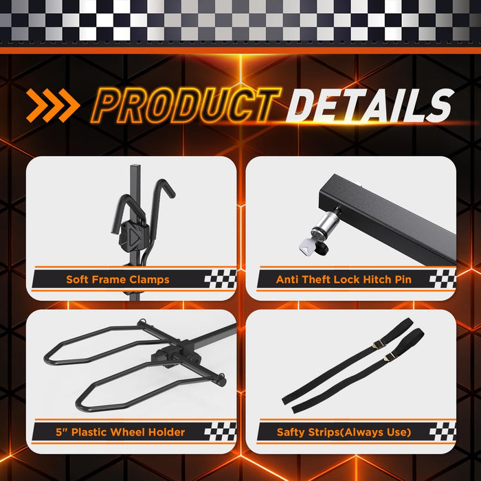 Padded frame clamps, anti theft locking hitch pin, 5 inch wheel holders and safety straps