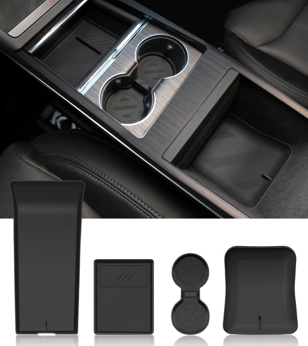 Tesla Model 3 Highland | S/X Console Mat Set - Non-Slip Silicone Cup Coaster, Upper & Lower Organizer Mats, Armrest Pad (4PCS, Black) 2022-2025