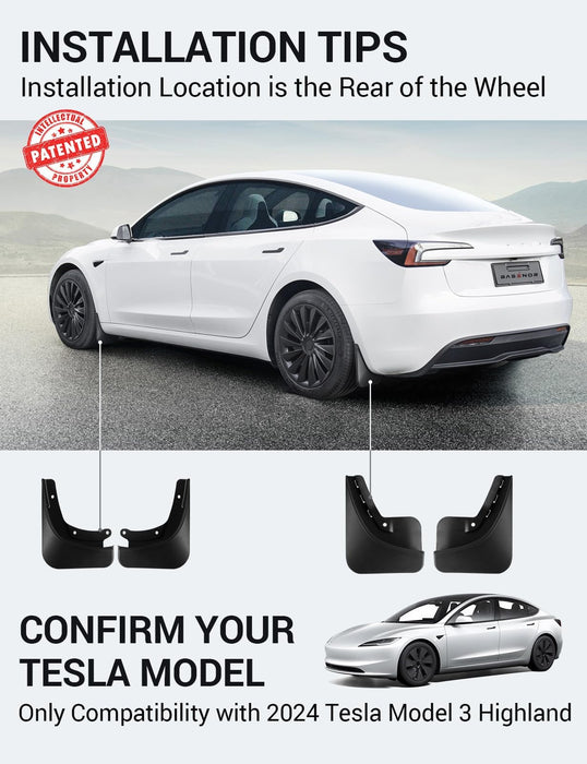 Tesla Model 3 Highland 2024-2025 Mud Flaps - No Drilling, All-Weather Splash Guards (Set of 4)