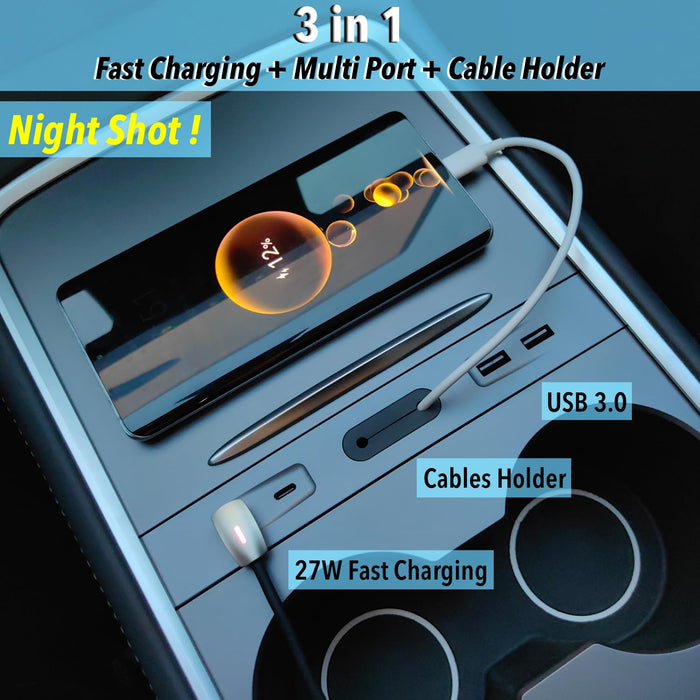 Tesla Model Y (2019-2024) & Model 3 (2021-2023) Center Console USB Hub - Cable Organizer & Charging Holder [Not Compatible w/ 2024+ Model 3]