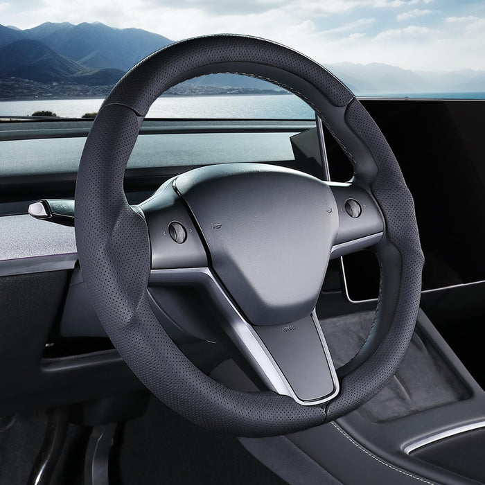 Steering Wheel Cover for Tesla Model 3 (2017-2023) | Model Y (2020-2024) | Black Non-Slip Leather Protector