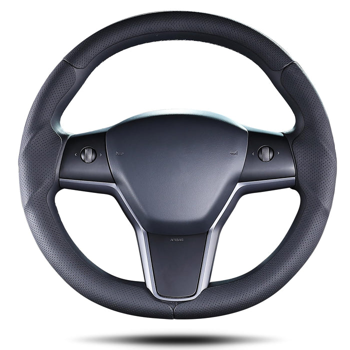 Steering Wheel Cover for Tesla Model 3 (2017-2023) | Model Y (2020-2024) | Black Non-Slip Leather Protector