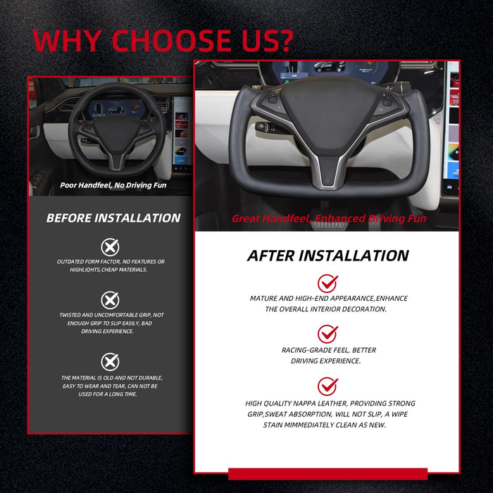 Yoke Steering Wheel for Tesla Model X 2016-2020 | Model S 2014-2020 | Black Microfiber Smooth Leather with Built-In Heating Function