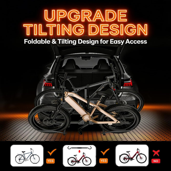 2 bike hitch rack on an EV carrying a fat tire eBike and mountain bike, tilting design for liftgate access