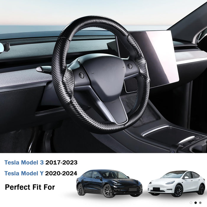 Carbon Fiber Steering Wheel Cover for Tesla Model 3 (2017-2023) | Model Y (2020-2024) | Matte Black Interior Accessory | Tesla Model 3/Y Upgrade