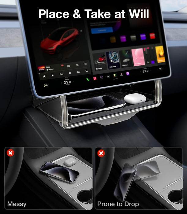 Tesla Model Y 2019-2025 Under Screen Storage Box - Hidden Center Console Tray with Anti-Slip Pad